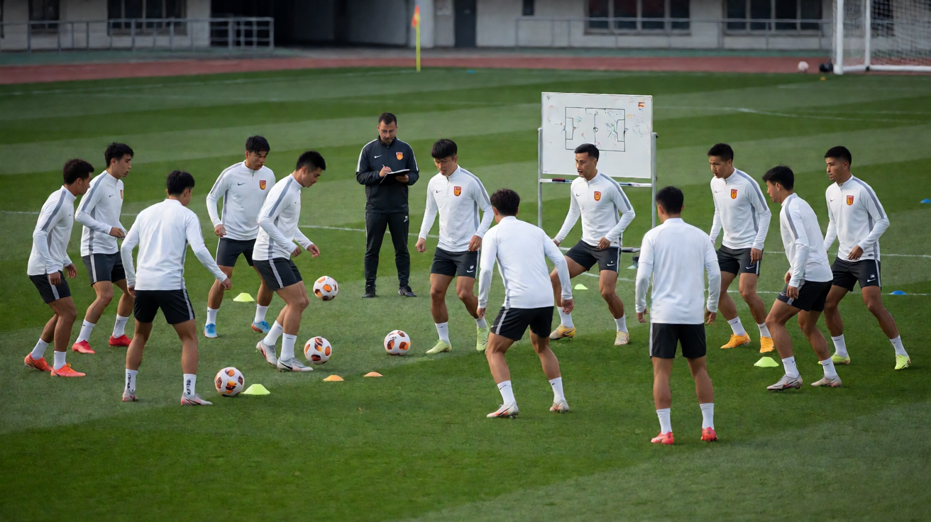 足球训练场上球员进行战术演练,教练在场边记录数据